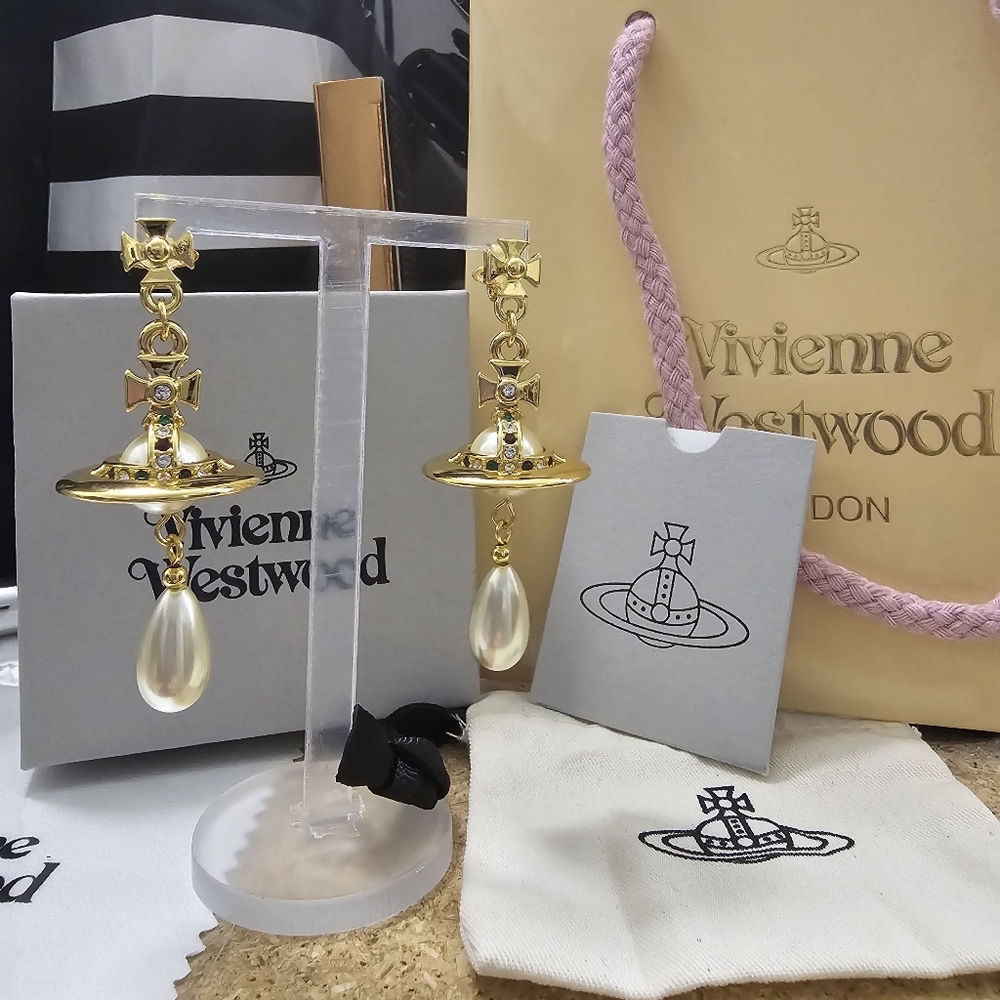 Vivienne Westwood Pearl Earrings Gold Orb Drop Engraved